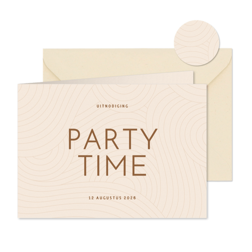 Moderne uitnodiging party time met golvende lijnen beige - Kaartimpressie
