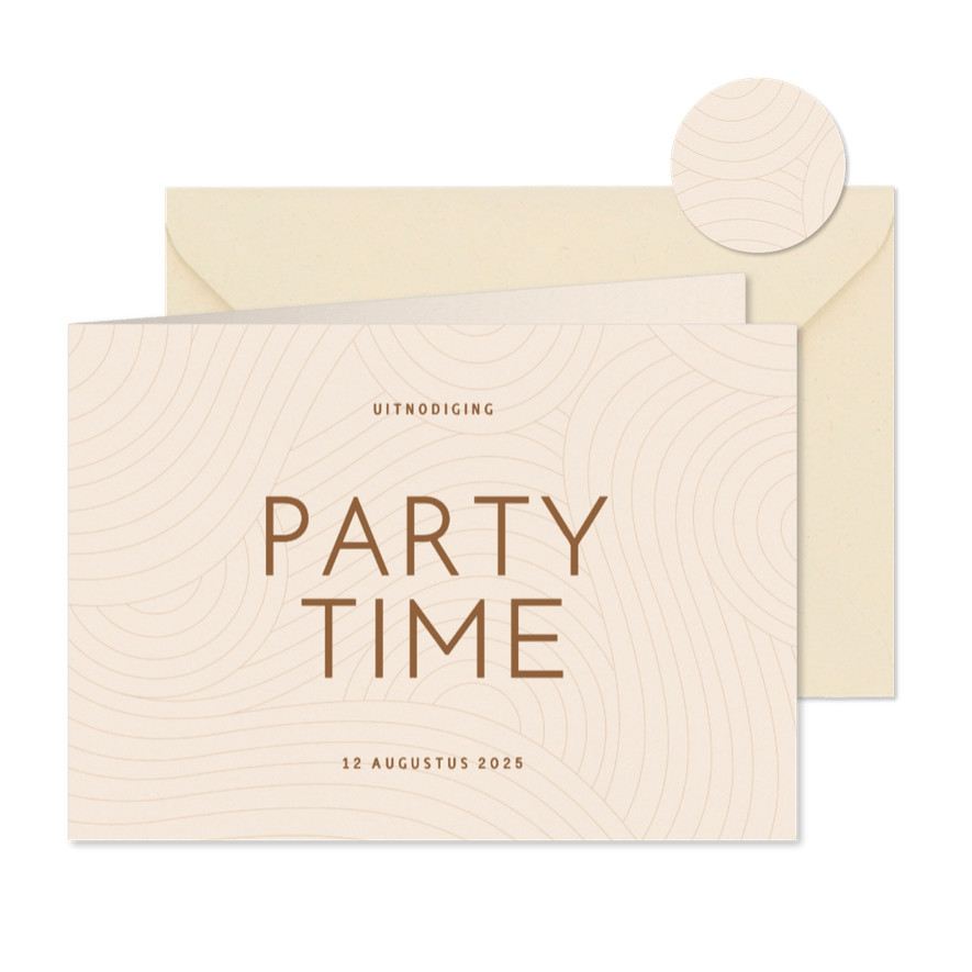 Moderne uitnodiging party time met golvende lijnen beige - Kaartimpressie