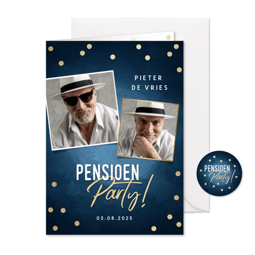 Moderne uitnodiging pensioen party gouden confetti & foto's - Kaartimpressie