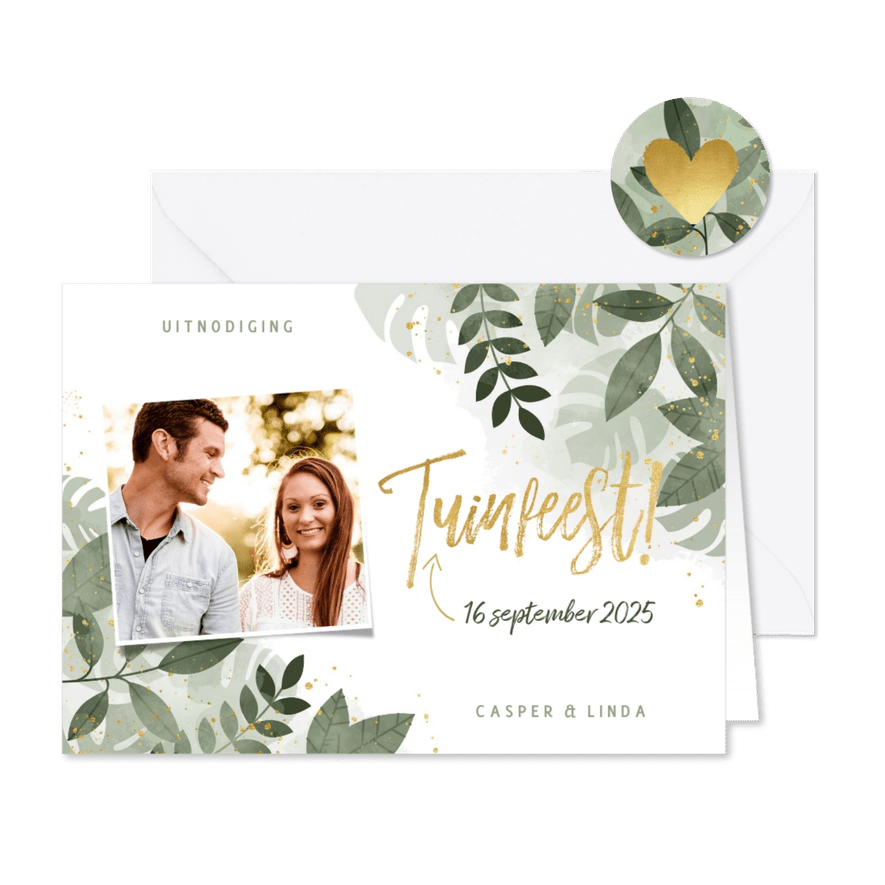 Moderne uitnodiging tuinfeest planten en gouden typografie - Kaartimpressie