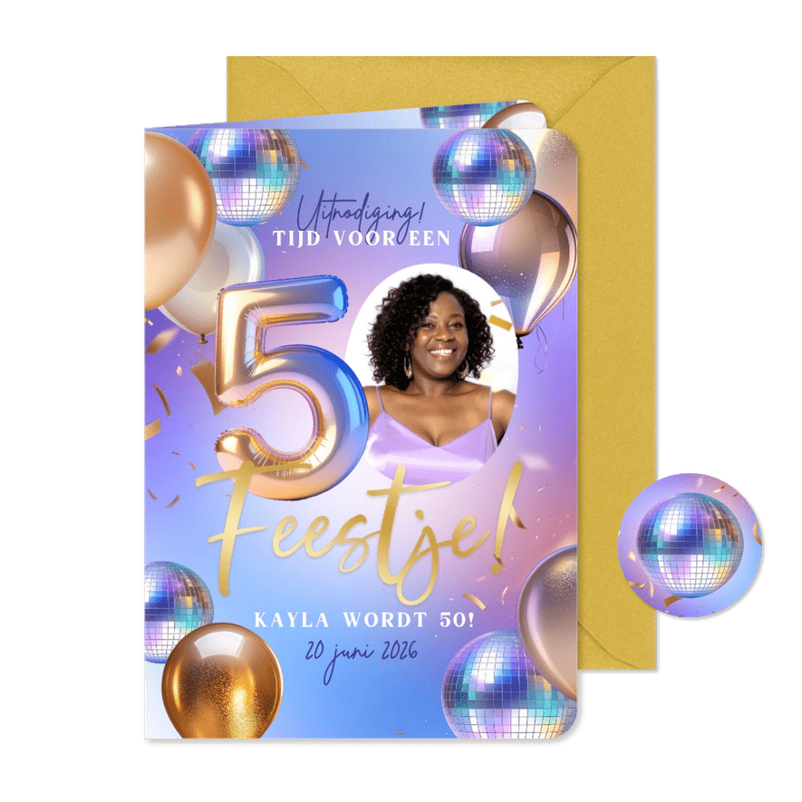 Moderne uitnodiging verjaardag 50 jaar ballonnen disco - Kaartimpressie