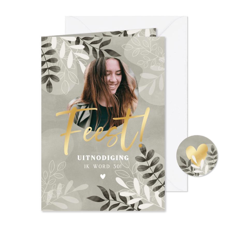 Moderne uitnodiging verjaardagsfeest botanisch met foto - Kaartimpressie