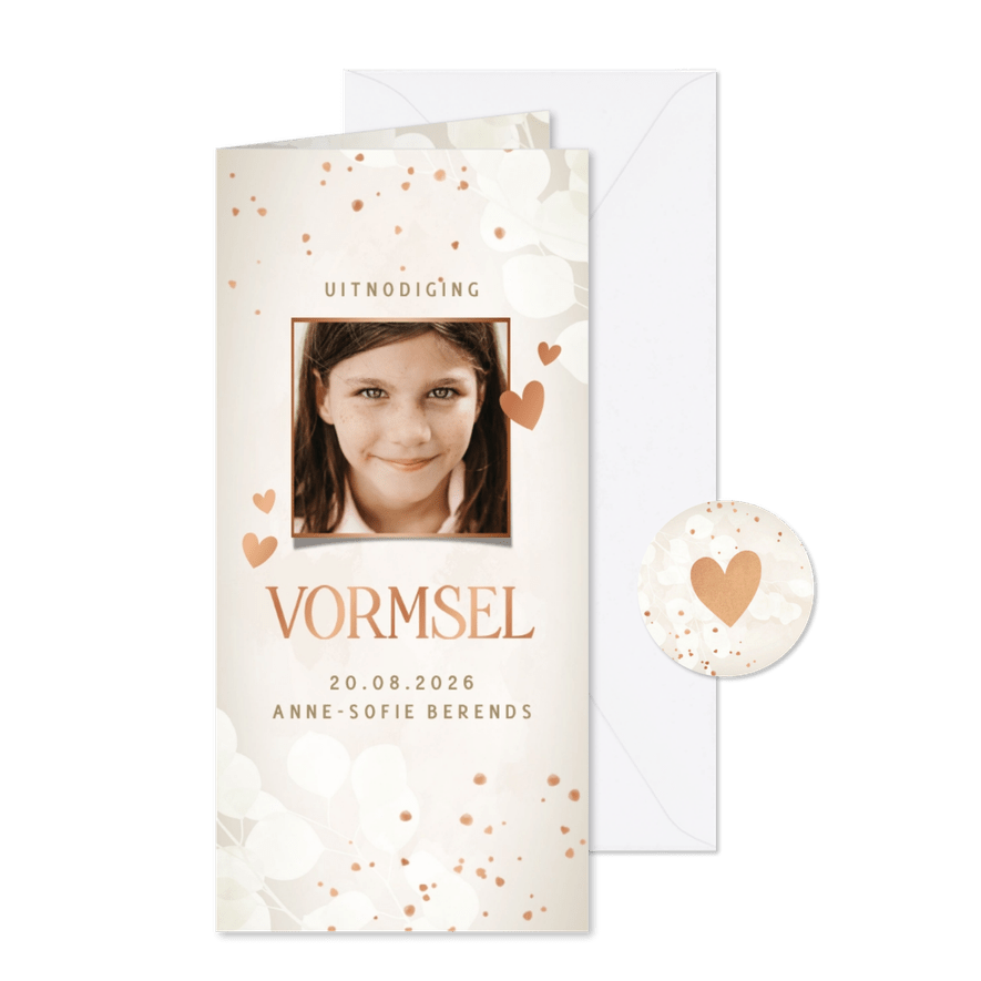 Moderne uitnodiging Vormsel eucalyptus foto en spetters - Kaartimpressie