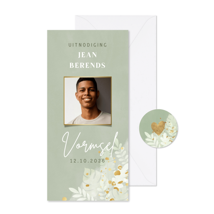 Moderne uitnodiging Vormsel jungle, foto en spetters - Kaartimpressie