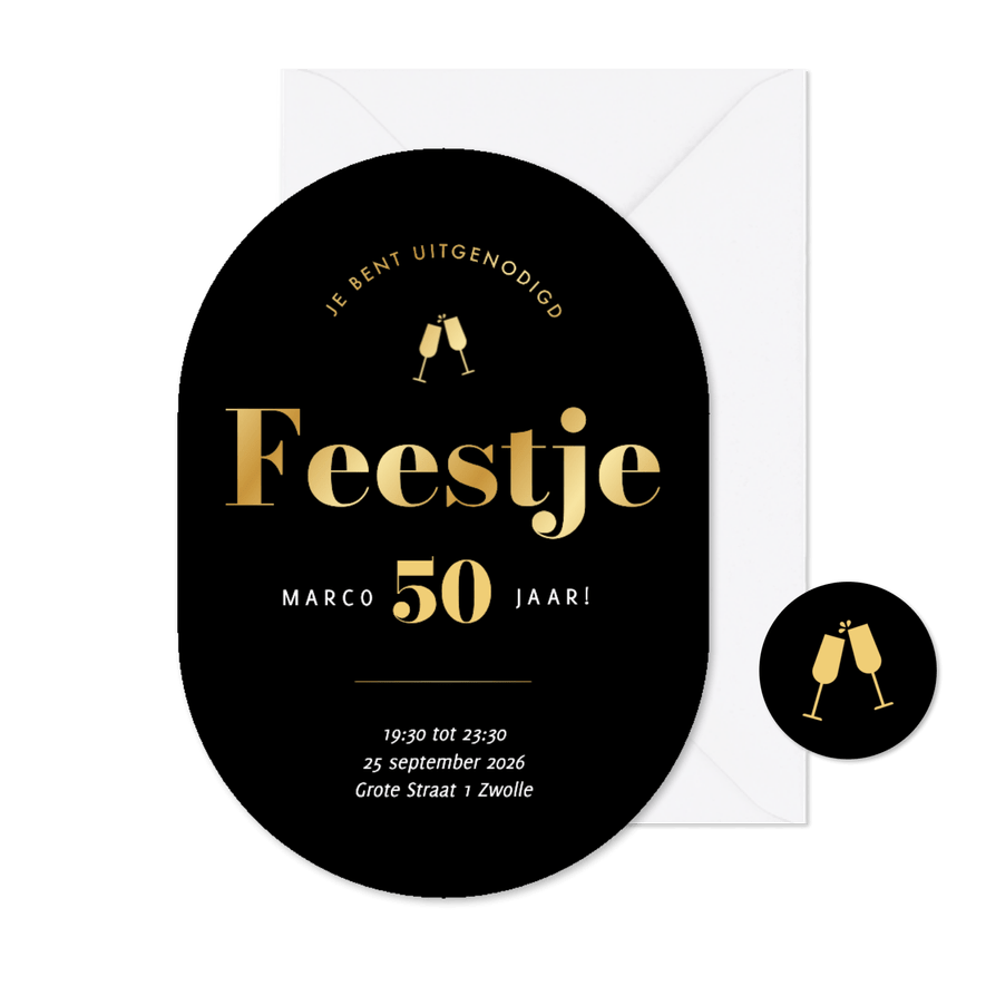 Moderne uitnodigingen feestje zwart goud ovaal - Kaartimpressie