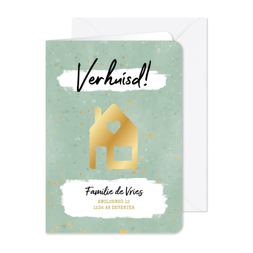 Moderne verhuiskaart met zwart huisje, spikkels & 'verhuisd' - Kaartimpressie