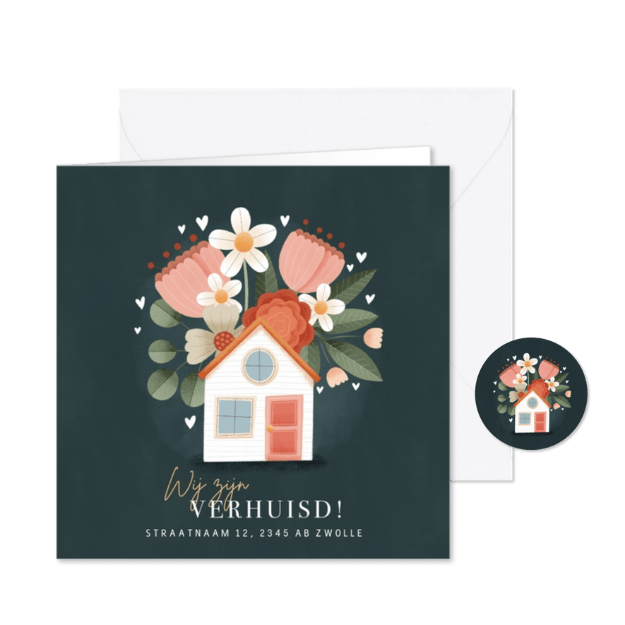 Moderne verhuiskaart planten, bloemen, hartjes en huisje - Kaartimpressie