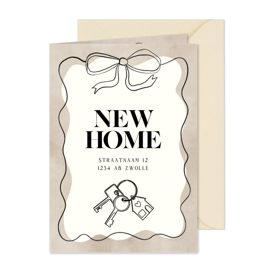 Moderne verhuiskaart strik, sleutels New Home - Kaartimpressie