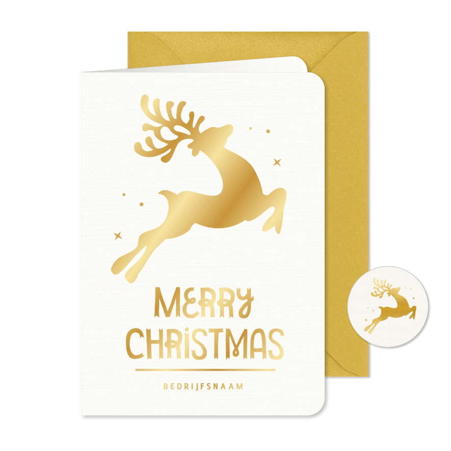 Moderne witte kerstkaart met gouden rendier silhouet - Kaartimpressie