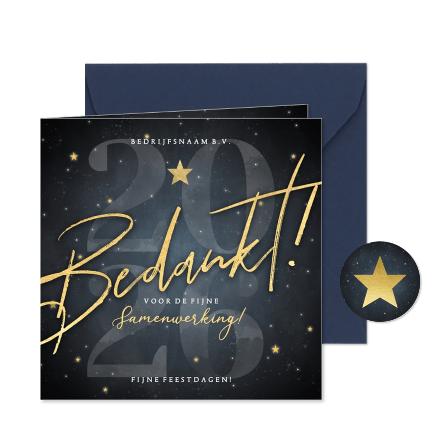 Moderne zakelijke kerstkaart bedankt met sterren en 2026 - Kaartimpressie