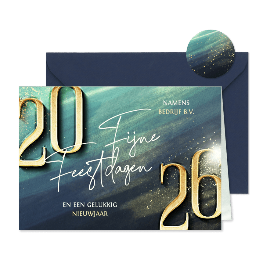 Moderne zakelijke kerstkaart blauwgroen met gouden 2026 - Kaartimpressie