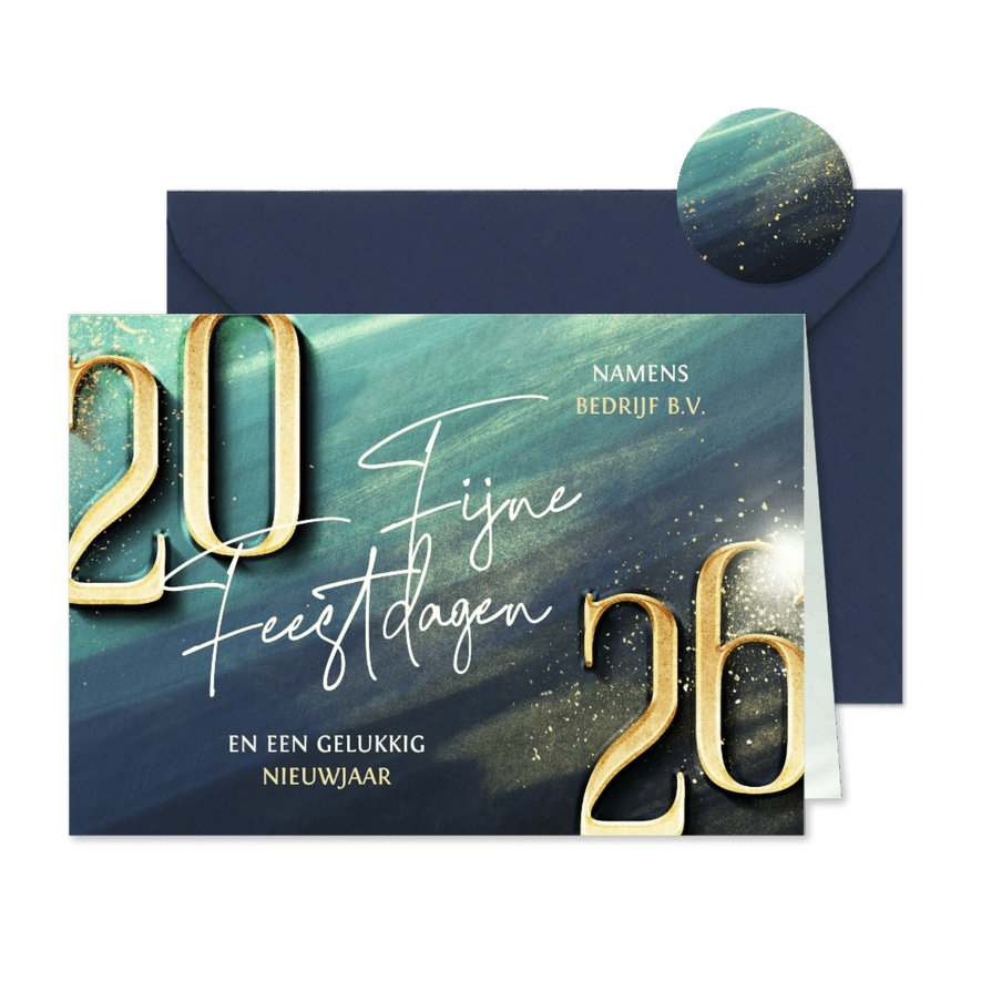 Moderne zakelijke kerstkaart blauwgroen met gouden 2026 - Kaartimpressie