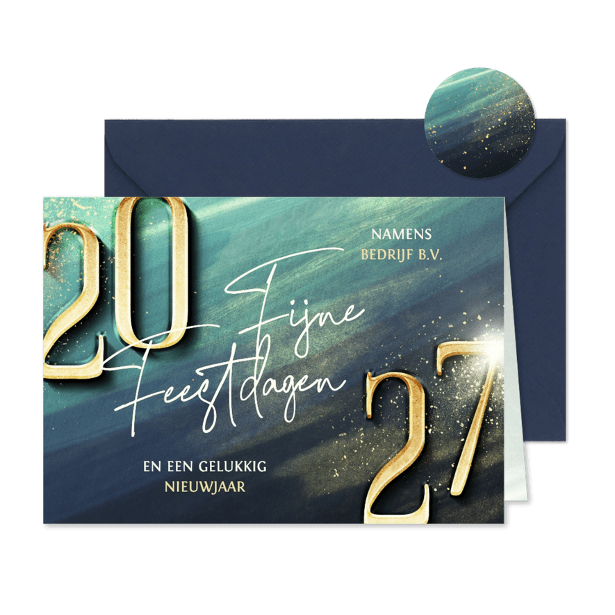 Moderne zakelijke kerstkaart blauwgroen met gouden 2027 - Kaartimpressie