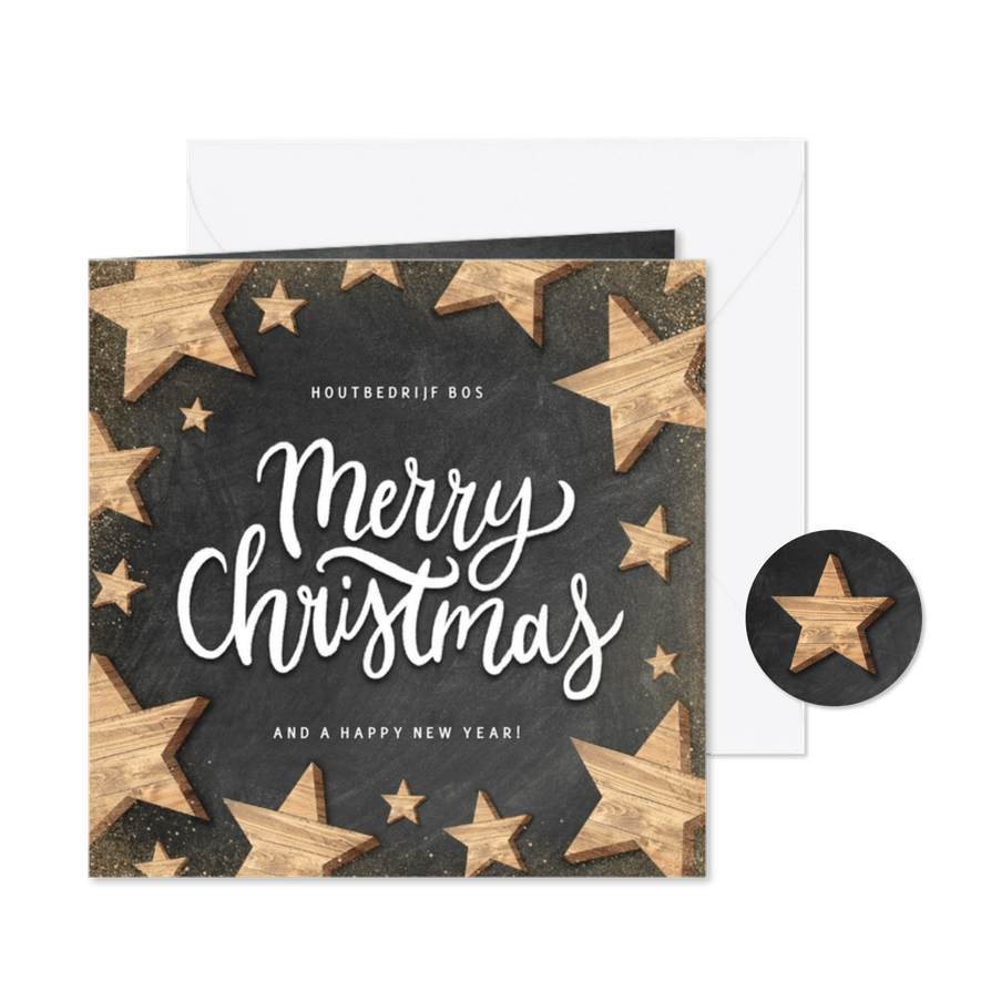 Moderne zakelijke kerstkaart houten sterren Merry Christmas - Kaartimpressie