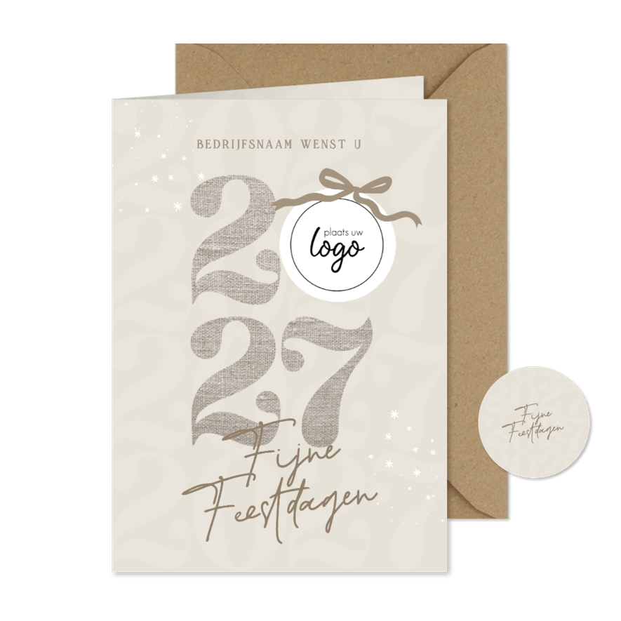 Moderne zakelijke kerstkaart linnen look beige 2027 logo - Kaartimpressie