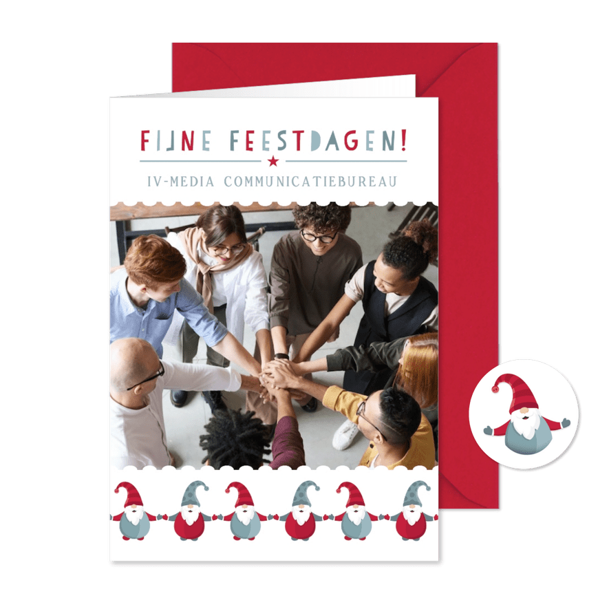 Moderne zakelijke kerstkaart met kerstkabouters en foto - Kaartimpressie