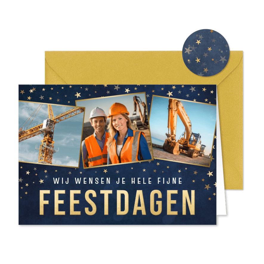 Moderne zakelijke kerstkaart met sterren en 3 eigen foto's - Kaartimpressie