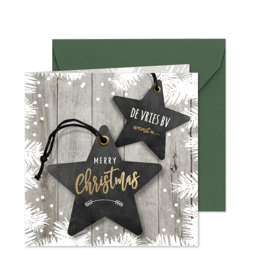 Moderne zakelijke kerstkaart ster labels op hout - Kaartimpressie