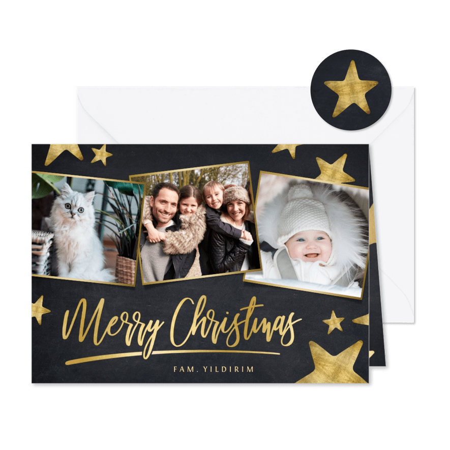 Moderne zwarte kerstkaart met gouden sterren en eigen foto's - Kaartimpressie