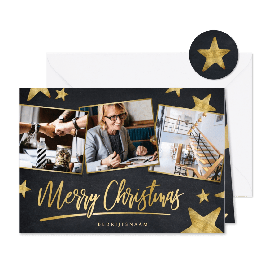 Moderne zwarte zakelijke kerstkaart fotocollage met sterren - Kaartimpressie