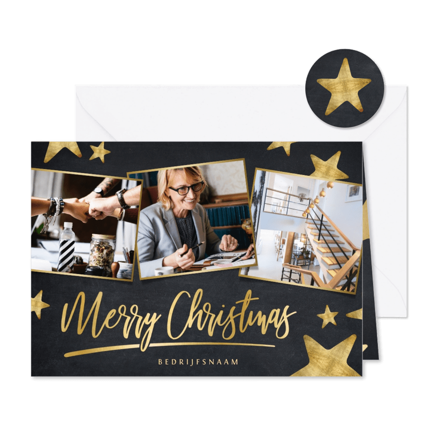 Moderne zwarte zakelijke kerstkaart fotocollage met sterren - Kaartimpressie