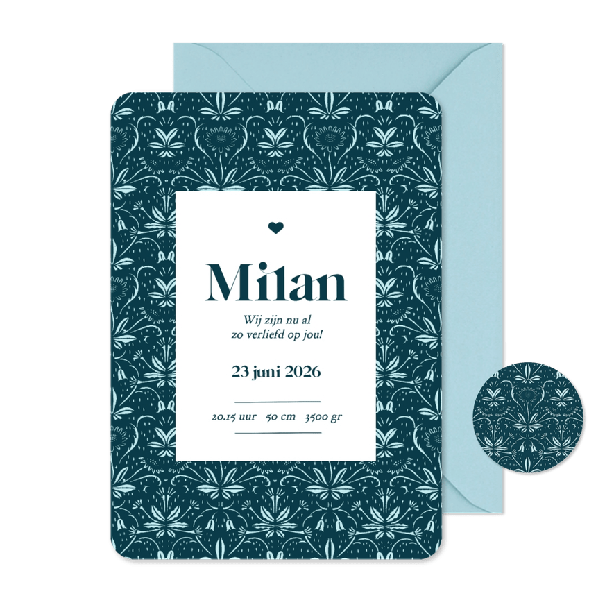 Mooi geboortekaartje met vintage patroon in donkerblauw - Kaartimpressie