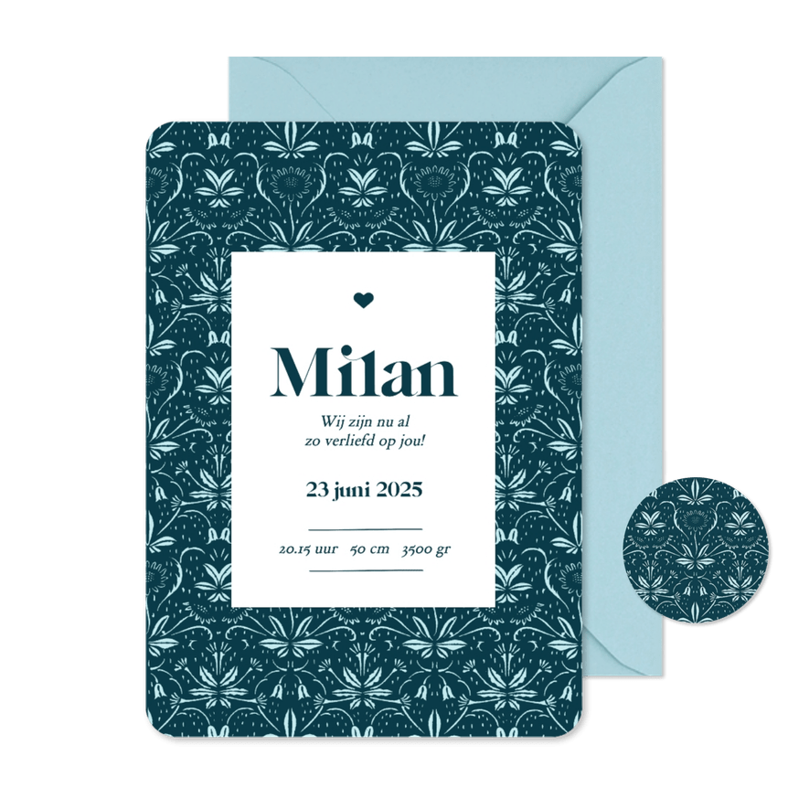 Mooi geboortekaartje met vintage patroon in donkerblauw - Kaartimpressie
