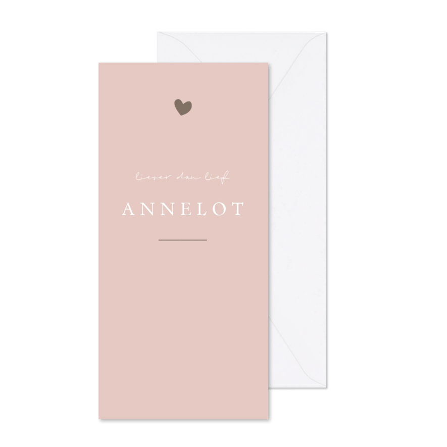 Mooi oudroze geboortekaartje met een bruin hartje - Kaartimpressie
