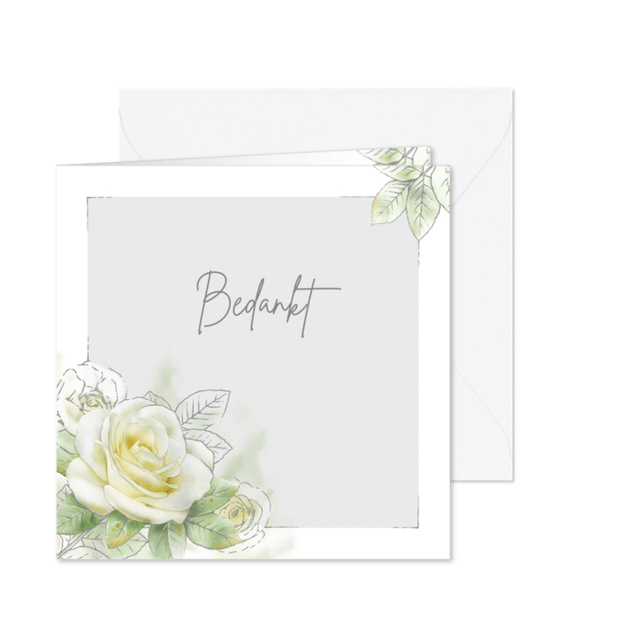 Mooie bedankkaart met een witte roos met zilverlijn - Kaartimpressie