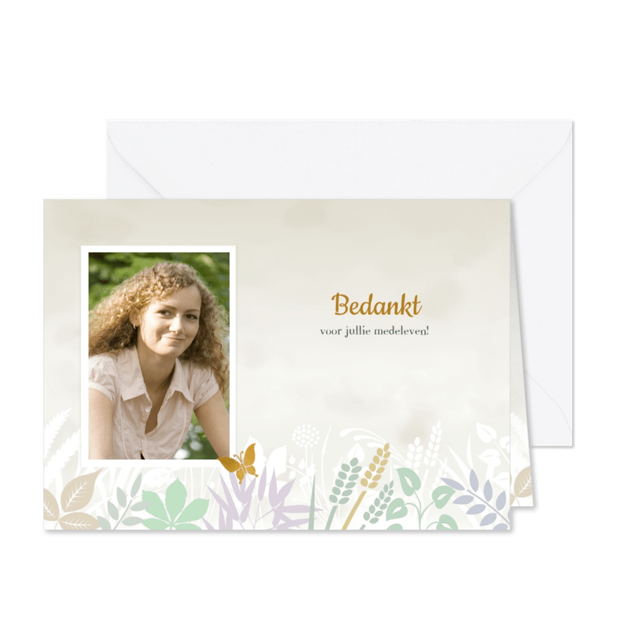 Mooie bedankkaart met takjes en blaadjes - Kaartimpressie