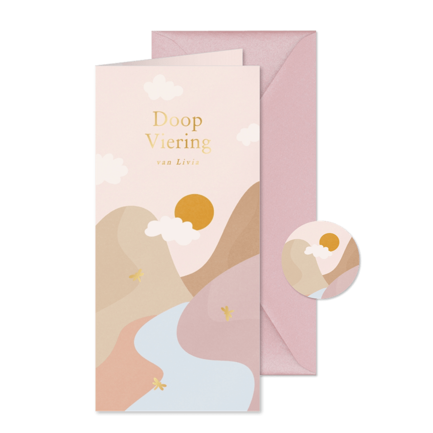 Mooie doopkaart uitnodiging meisje met landschap en libelles - Kaartimpressie