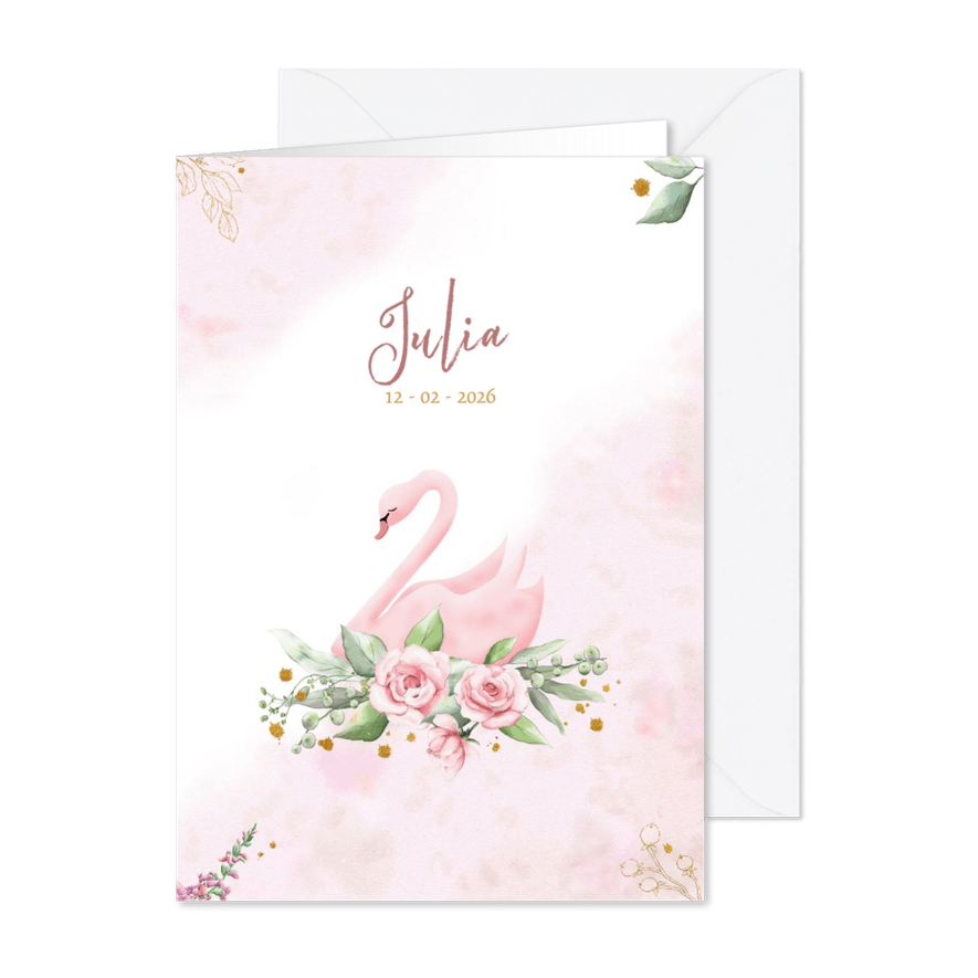 Mooie geboortekaart met zwaan en roosjes - Kaartimpressie