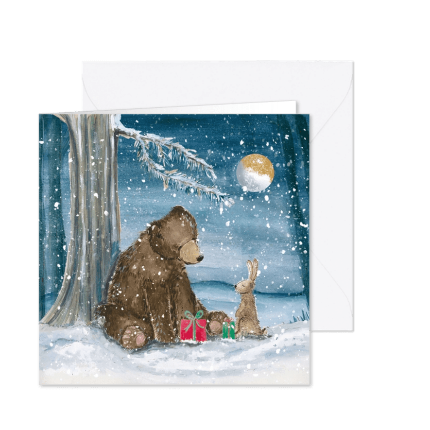 Mooie kerstkaart met beer en konijn in de sneeuw - Kaartimpressie