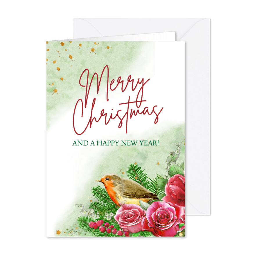 Mooie kerstkaart met rozen en roodborstje op waterverf - Kaartimpressie