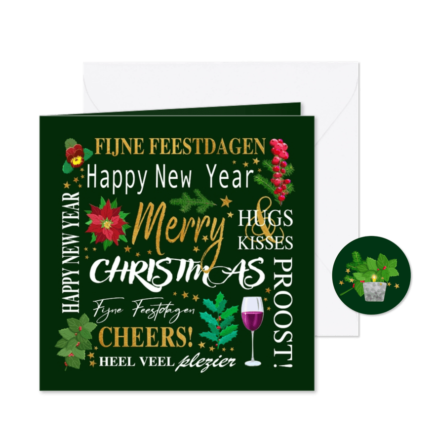 Mooie kerstkaart met teksten. takjes, bloemen, wijn en ster - Kaartimpressie