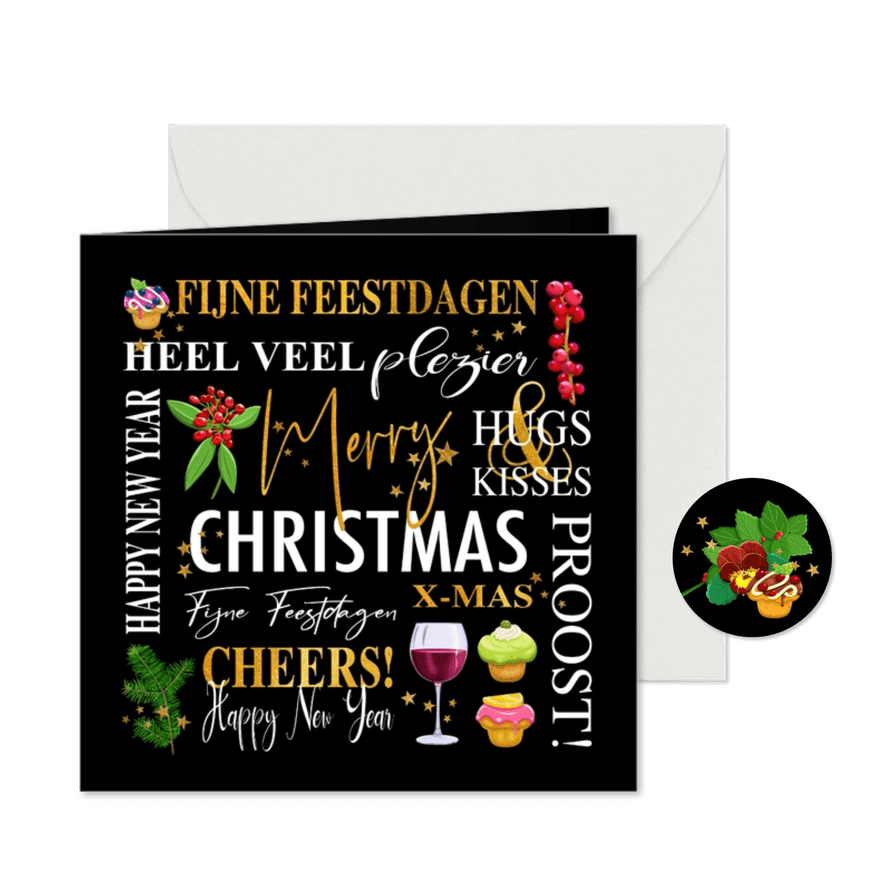 Mooie kerstkaart met teksten. takjes, gebak en wijn - Kaartimpressie