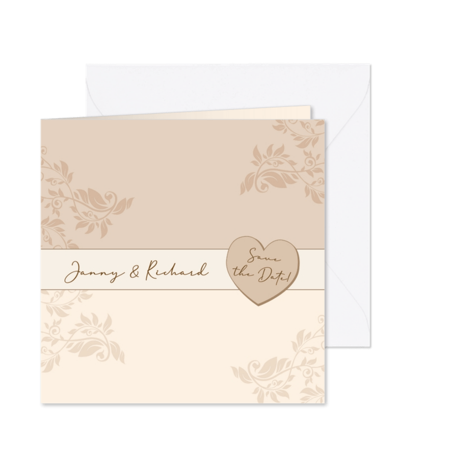 Mooie klassieke trouwkaart met namen in band op kant - Kaartimpressie
