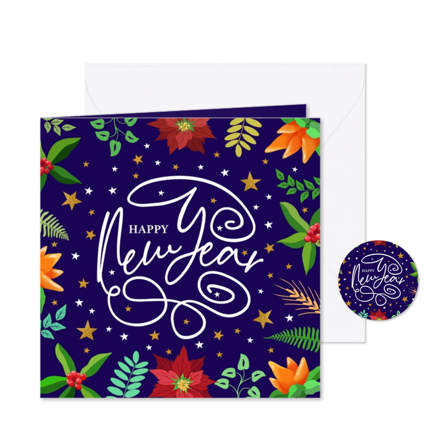 Mooie nieuwjaarskaart met krullen, sterren en kersttakje - Kaartimpressie