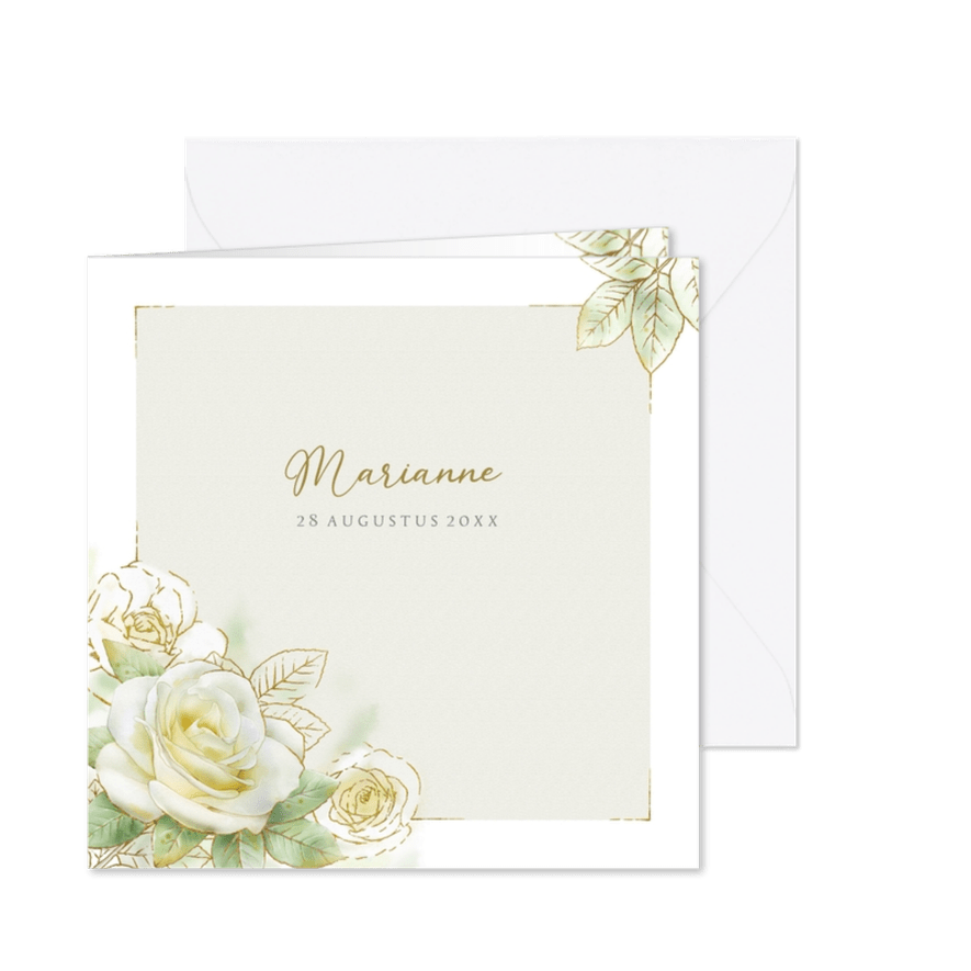 Mooie rouwkaart met een witte roos met goudlijn - Kaartimpressie