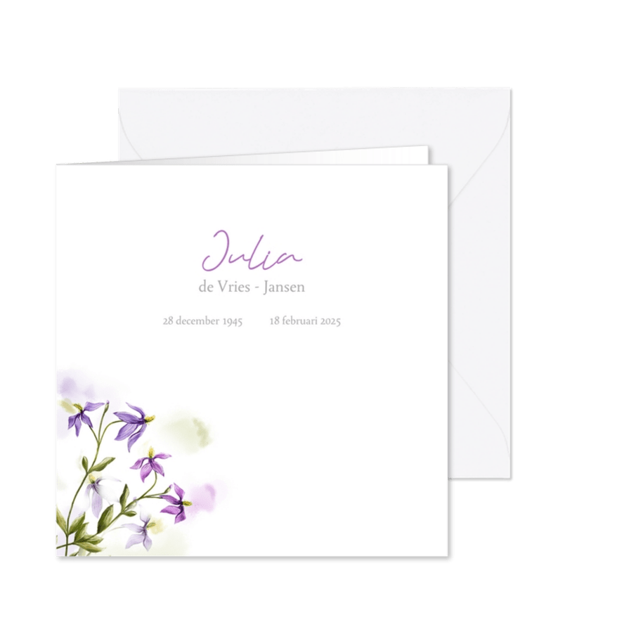 Mooie rouwkaart met paarsblauwe bosrank in aquarel - Kaartimpressie