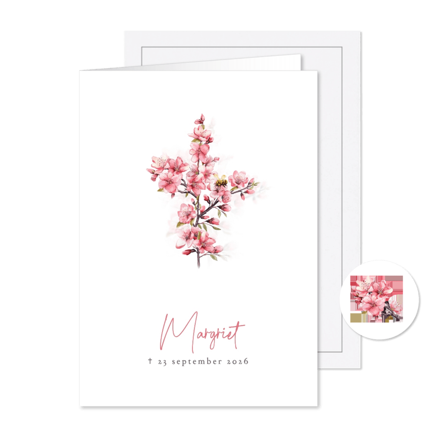 Mooie rouwkaart met roze bloesem takjes in waterverf - Kaartimpressie