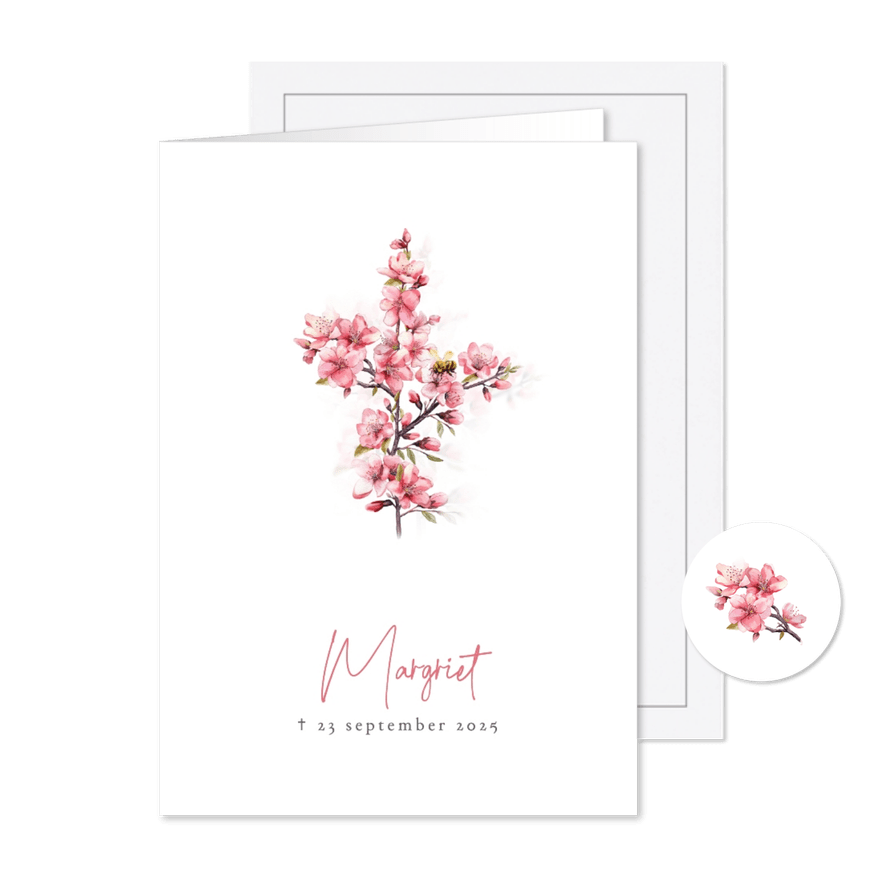 Mooie rouwkaart met roze bloesem takjes in waterverf - Kaartimpressie