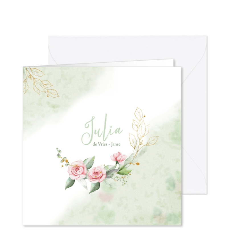 Mooie rouwkaart met takjes en roze roosjes - Kaartimpressie