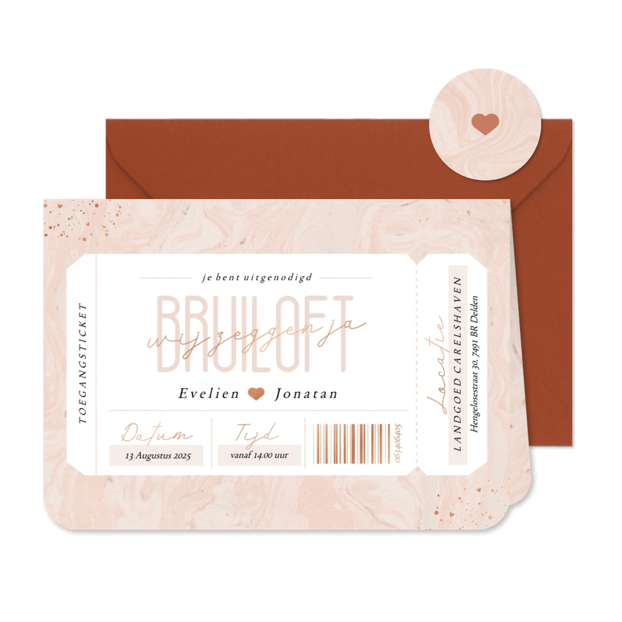 Mooie uitnodiging bruiloft ticket op roze marmer met koper - Kaartimpressie