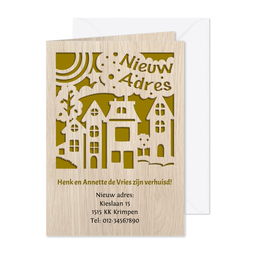 Mooie verhuiskaart met de suggestie van gestanste huisjes - Kaartimpressie