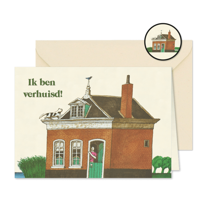 Mooie verhuiskaart met een huis vrouw en poes op het dak - Kaartimpressie