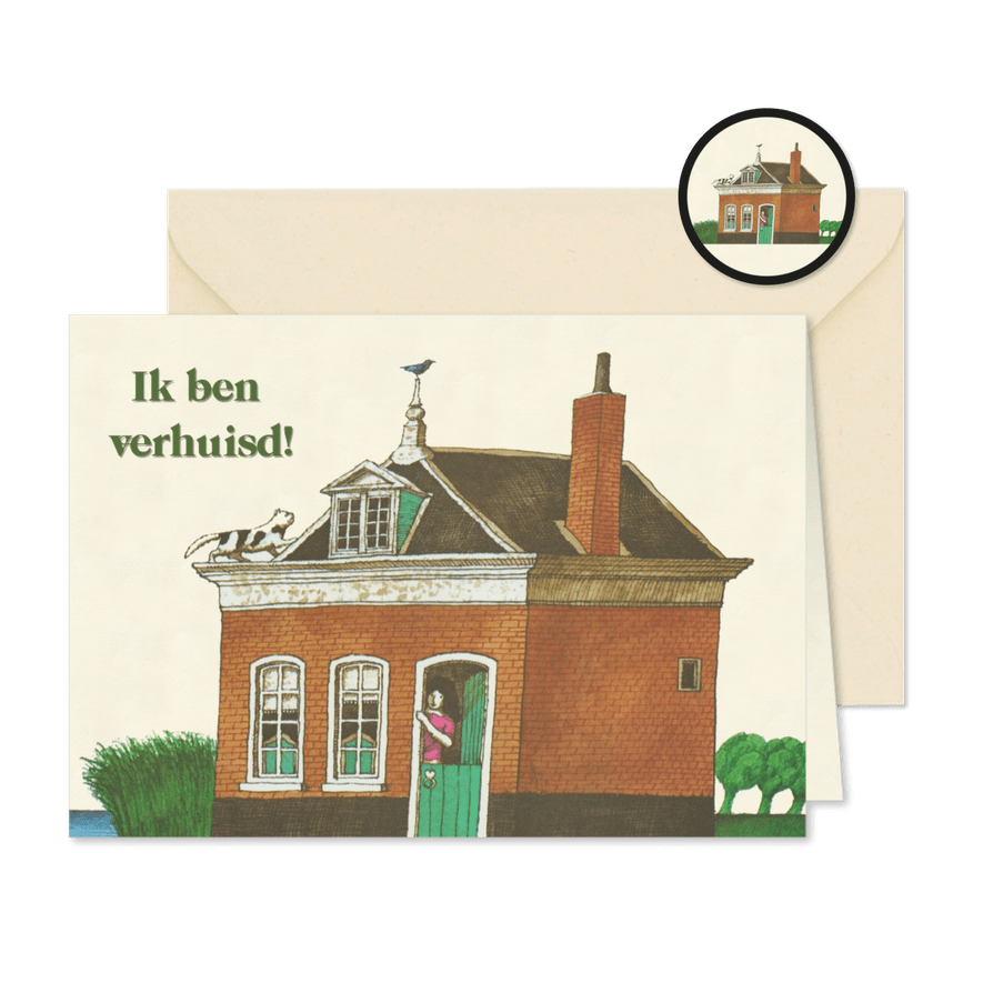 Mooie verhuiskaart met een huis vrouw en poes op het dak - Kaartimpressie