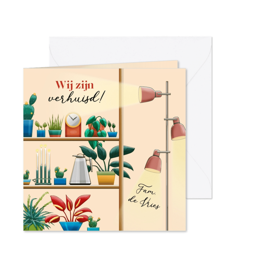 Mooie verhuiskaart met kast planten en dozen - Kaartimpressie