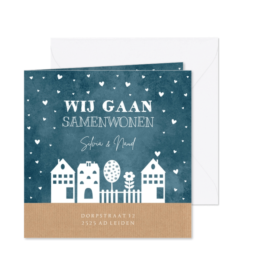 Mooie verhuiskaart samenwonen blauwe huisjes & hartjes - Kaartimpressie