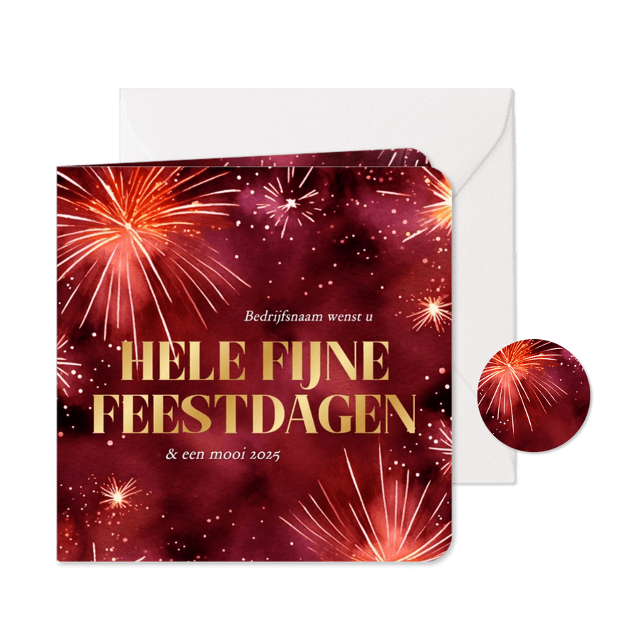 Mooie zakelijk kerstkaarten met rood vuurwerk en goudfolie - Kaartimpressie